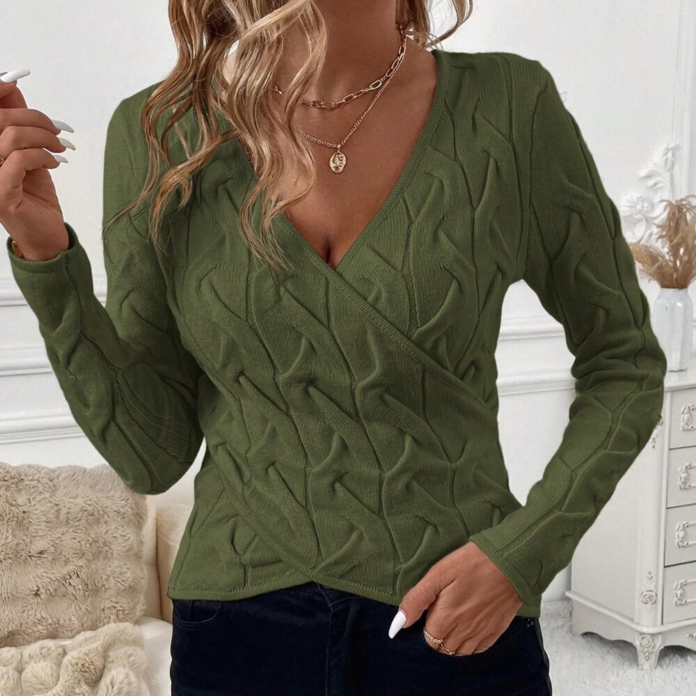 Army Green Casual Women's Crossover Cable-Tie Elegant Sweater - Picture 3 of 5